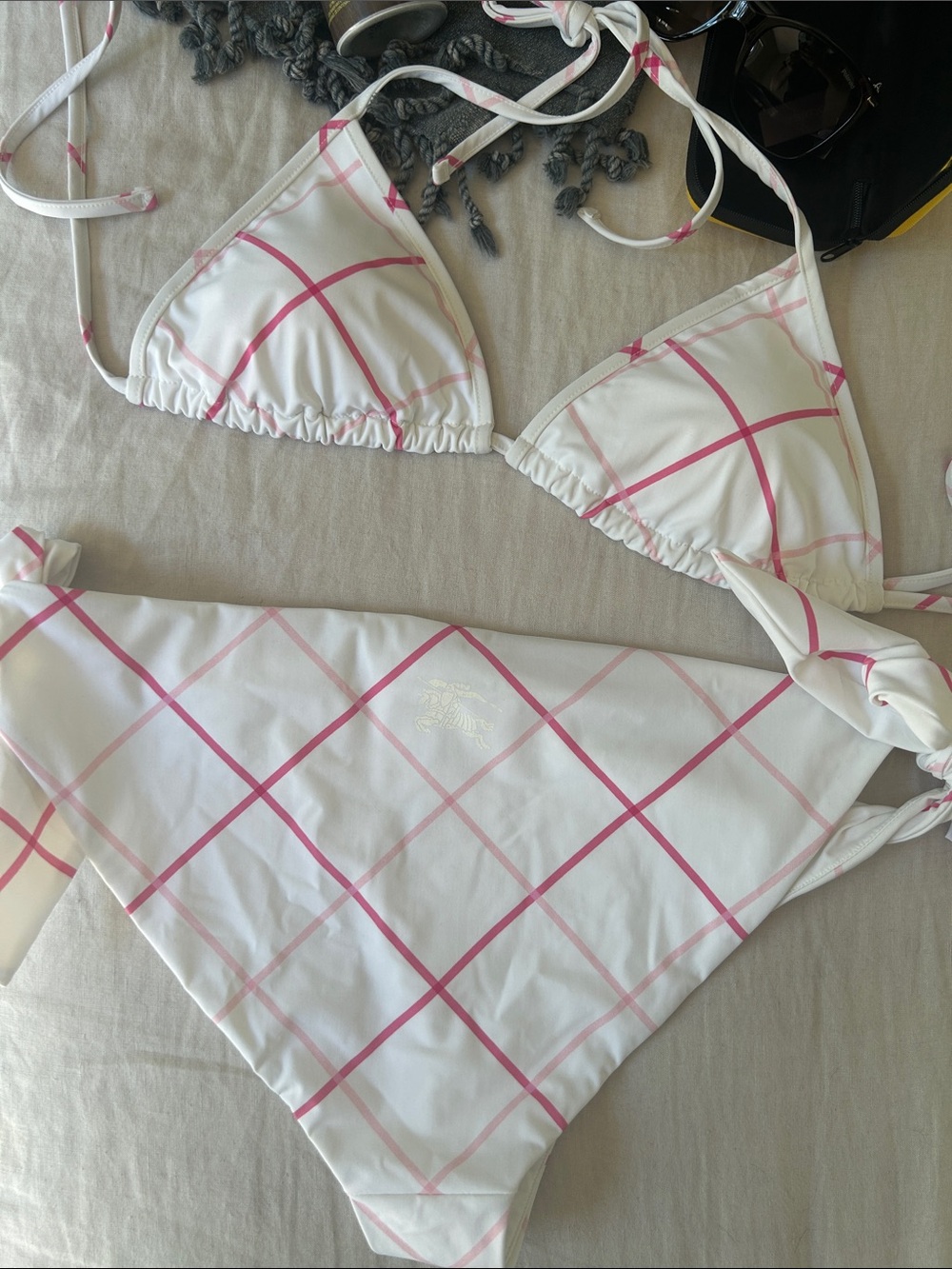 Burberry | White & Pink Caro Plaid Triangle Bikini (NWT) - Picture 2 of 8